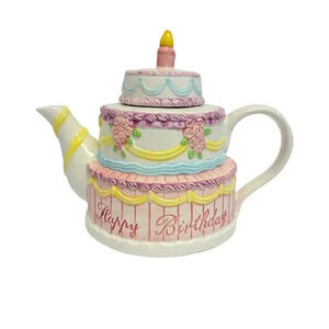 Lillian Vernon Vintage Ceramic 9.5 inch Teapot Happy Birthday Layer Cake